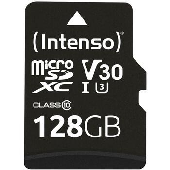 Intenso microSDXC 3433491 128GB, 100 MB/s lasīšanas ātrums, 45 MB/s rakstīšanas ātrums, UHS-I, Class 10, U3, V30, adapteris (3433491)