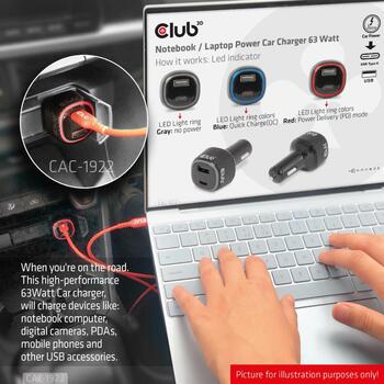 Club3D Зарядное устройство CAC-1922 63W, 12-24V, 1xUSB Type-A 18W, 1xUSB Type-C 45W, OCP, OVP, SCP, OTP, Черный (CAC-1922)