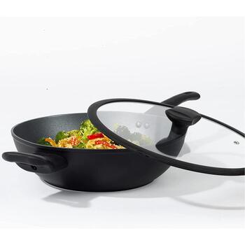 Russell Hobbs Crystaltech augstā vokpanna RH01860EU7, 28cm, melna, alumīnijs, 8cm, ar vāku (RH01860EU7)