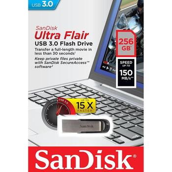 Sandisk USB zibatmiņa Ultra Flair SDCZ73-256G-G46, 256GB, USB Type-A 3.2 Gen 1, 150MB/s, metāla korpuss, bez vāciņa, melna (SDCZ73-256G-G46)