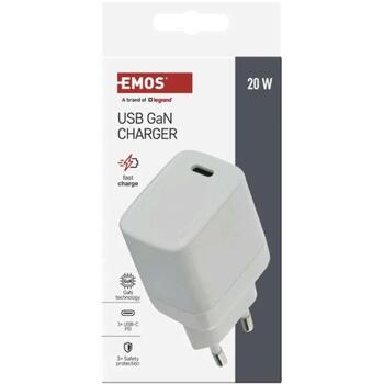 Emos Универсальное USB настенное зарядное устройство GaN V01G20, 20 Вт, 100-240 В, 1 x USB C, быстрая зарядка (V01G20)