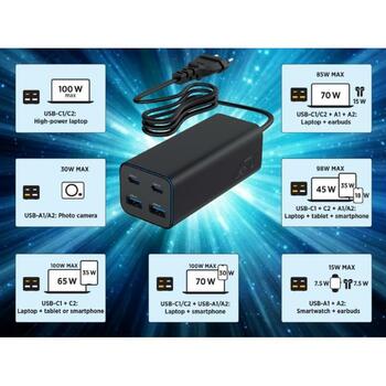 Gembird Зарядное устройство TA-UC-2A2C-PD100-01-BK 4-портовое 100 Вт, 110-240 В, 20 В, 1.5 м сетевой кабель, 3 Type-C, 2 Type-A (TA-UC-2A2C-PD100-01-BK)