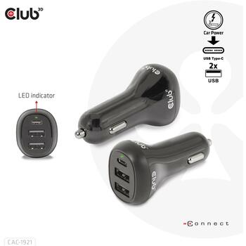 Club3D Lādētājs CAC-1921 36W, Ieejas spriegums 12/24V, 2x USB Type-A 5V/3A, 1x USB Type-C 5V/3A, 9V/2A, OCP, OVP, SCP, OTP (CAC-1921)
