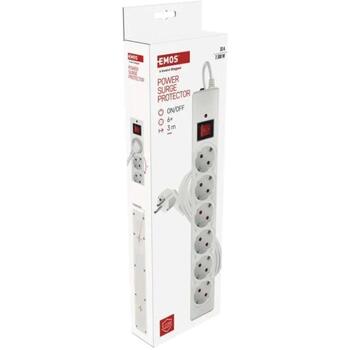 Emos Защита от перенапряжения P54216, 3 м, 6 розеток, 2300 Вт, 10 А, защита от детей, выключатель с подсветкой (P54216)