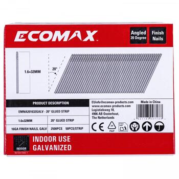 Ecomax отделочные гвозди EMNA201632GALV&EMX, 32 мм, 1,6 мм, 20°, 16GA, 2500 шт, электрогальванизированные, 50 шт/полосе (EMNA201632GALV&EMX)
