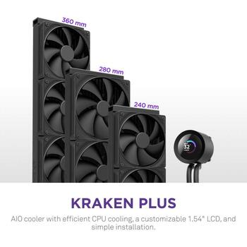 Nzxt viedā kontakligzda RL-KN360-B2, All-in-one šķidrais dzesētājs, 120mm, 3 ventilatori, 73.47cfm, 30dB, FDB, TFT displejs (RL-KN360-B2)