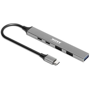 Port Connect USB centrmezgls 900163, 1xUSB-C, 1xUSB-C (jaudas piegāde), 2xUSB-A 2.0, 1xUSB-A 3.2, 100W, alumīnija korpuss (900163)
