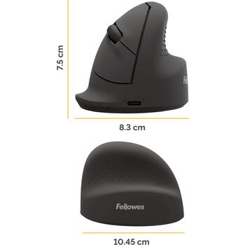 Fellowes Breyta vertikālā bezvadu pele 100143579, 1600 DPI, Bluetooth + USB Type-C, optiskā, ergonomiskā, labročiem, melna (100143579)