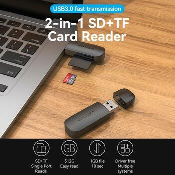 Vention кардридер CLFB0, USB 3.2 Gen 1, 2 слота, 5000 Mbit/s, поддержка 512 ГБ, черный (CLFB0)