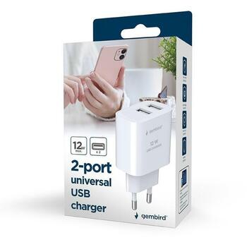 Gembird Lādētājs USB universāls TA-UC-2A12-01-BK 5 V, 2.4 A, 2 porti, 100-240 V, 50/60 Hz, pārslodzes un īssavienojuma aizsardzība (TA-UC-2A12-01-BK)