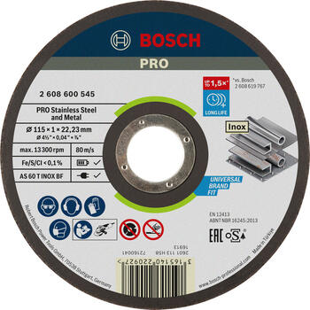 Griešanas ripa 115x22,2x1 mm, INOX, Mazām leņķa slīpmašīnām PRO STAINLESS STEEL AND METAL GRIEZĒJDISKS, 2608600545, BOSCH (2608600545)