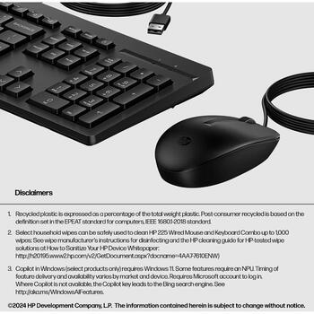 HP 225 проводной комплект мыши и клавиатуры AX2Y7AA#ACB, 1200 DPI, 1.8 м, USB, полноразмерная, черный, оптическая мышь, 3 кнопки (AX2Y7AA#ACB)