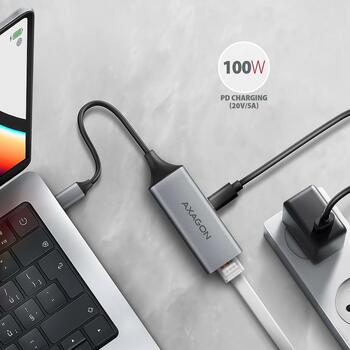 Axagon USB-C Gigabit Ethernet адаптер ADE-TXPD, 1000 Mbit/s, USB 3.2 Gen 1, 1 RJ-45 порт, Power Delivery 100W, алюминий (ADE-TXPD)