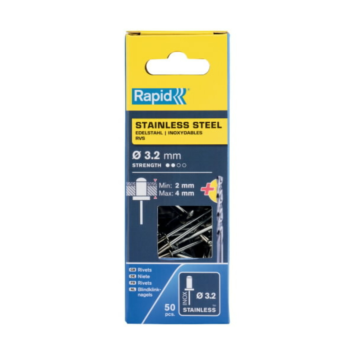 Rapid 5000393 nerūsējošā tērauda kniedes, 3,2x8mm, 50gab, ar urbi komplektā (5000393)