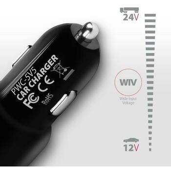 Axagon Lādētājs automašīnai PWC-5V5 24W, 2x USB-A 5V/2.4A, strāvas adapteris, 12-24V, melns, ātrā uzlāde, OCP, OVP, OTP, OSP (PWC-5V5)