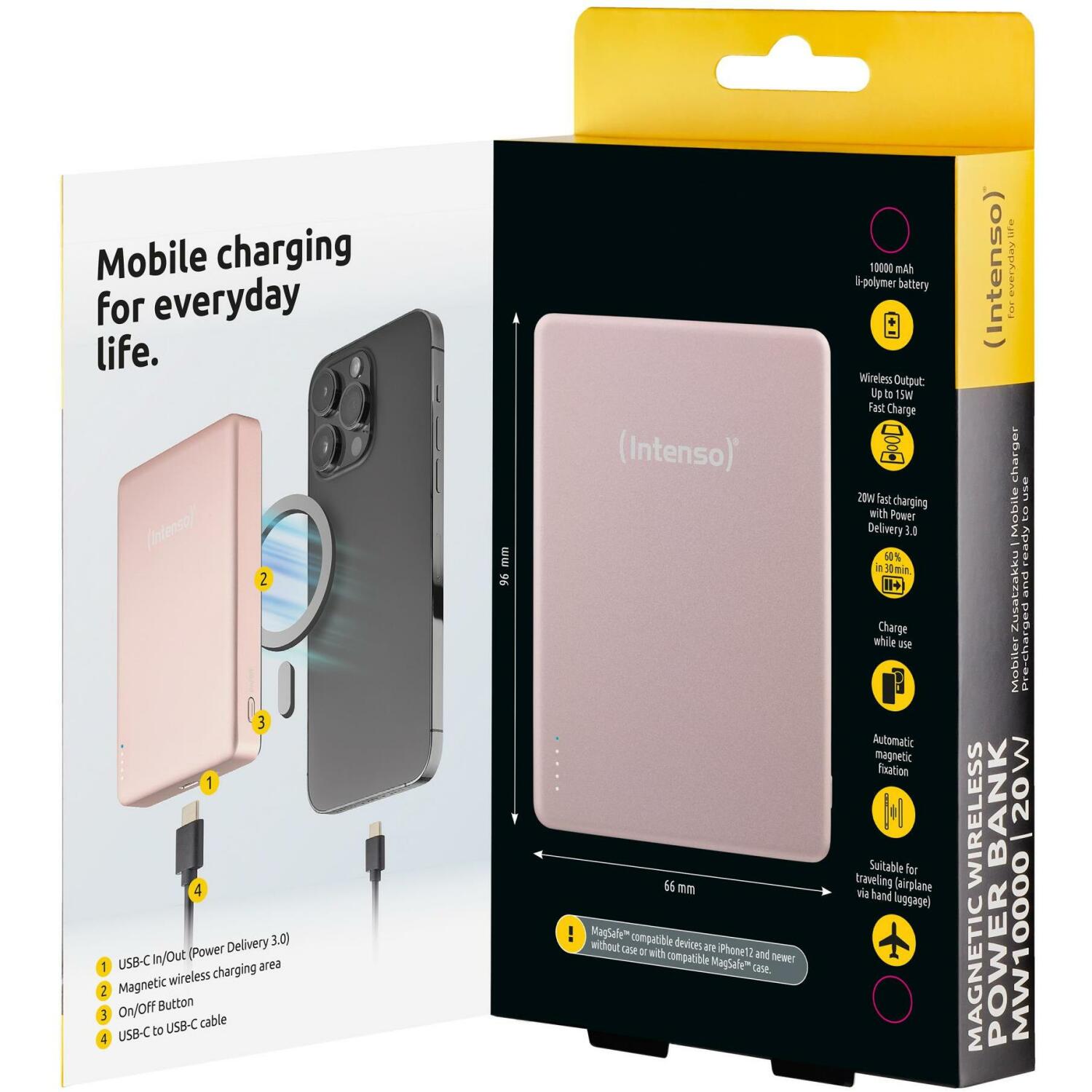 Intenso Power Bank 7344033 10000 мАч, 15 Вт беспроводная зарядка, 20 Вт USB-C PD, совместим с MagSafe, розовый (7344033)