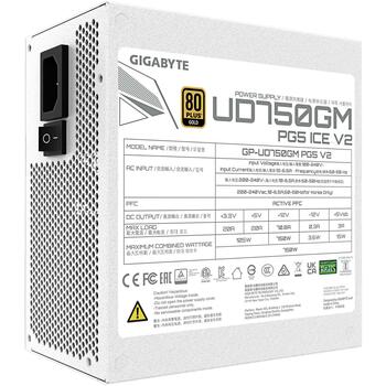 Gigabyte Datora barošanas bloks UD750GM PG5 ICE, 750W, 100-240V, 50/60Hz, 80 PLUS Gold, pilnībā modulārs, aktīvā dzesēšana (GP-UD750GM PG5 ICE)