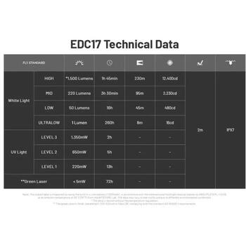 Nitecore Kabatas lukturis NC-EDC17 1500 lm, 220-1350 mW UV, <5 mW lāzers, 1500 mAh, IPX7, 90 min uzlāde (NC-EDC17)