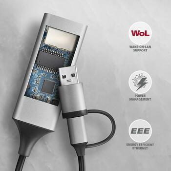 Axagon сетевой адаптер ADE-TXCA, 1 x RJ-45, 10/100/1000 Mbit/s, USB 3.2 Gen 1, ASIX AX88179, адаптер питания, серый (ADE-TXCA)