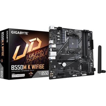 Mainboard|GIGABYTE|AMD B550|Socket AM4|micro ATX|RAM DDR4-SDRAM|4xSlots|Wi-Fi Yes|Bluetooth Yes|2xNumber of M.2 (M) slots|GIGABYTE B550M K WIFI6E|B550MKWF6E (B550M K WF6E)