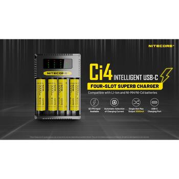 Nitecore Lādētājs CI4 4-slot, USB-C, 3000mA, Li-ion, Ni-MH, Ni-Cd, Uzlādes indikators, Drošības funkcijas (CI4)