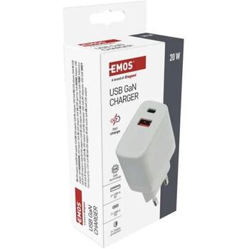Emos Универсальное USB настенное зарядное устройство GaN V02G20, 20 Вт, 100-240 В, 2xUSB, быстрая зарядка, защита от перегрузки (V02G20)