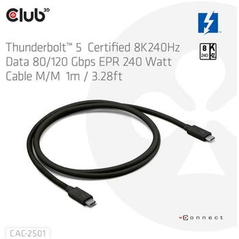Club3D USB-C THUNDERBOLT CAC-2501 1м, 80/120 Гбит/с, 240Вт, M/M, черный, PVC, TPE, 4.8мм (CAC-2501)