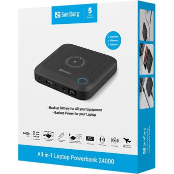 Sandberg 420-57 All-in1 klēpjdatora powerbank, 24000mAh, 88,8Wh, 20V/3A, USB-C, bezvadu, Quick Charge 2.0, melns (420-57)