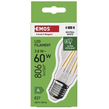 Emos LED лампочка FILAMENT A60 ZF5148, 3,8 Вт, 806 лм, 230 В, 50 000 часов, E27, нейтрально-белый, 360°, 4 COB чипа (ZF5148)