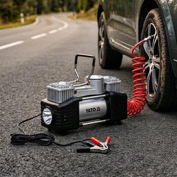 Yato auto kompresors YT-73462, 250W, 12V, 10bar, 60l/min, LED apgaismojums, manometrs, 5m šļūtene, 3m vads (YT-73462)