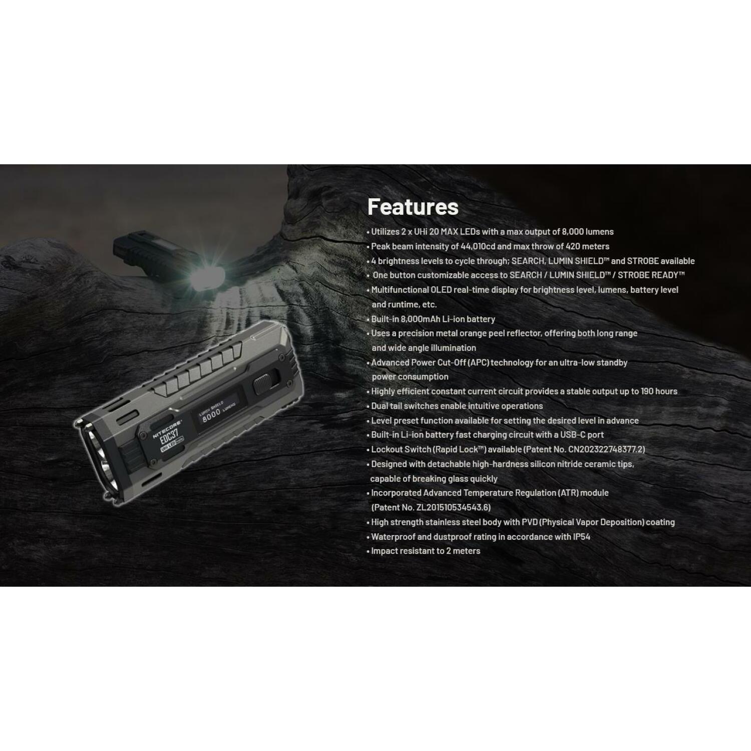 Nitecore EDC37 gaismas lukturis, 8000 lm, 420 m, 8000 mAh Li-Ion akumulators, USB-C uzlāde, OLED displejs, IP54 (EDC37)