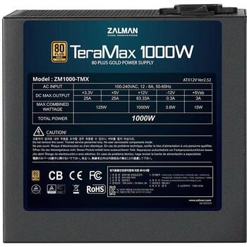 Zalman ZM1200-TMX TeraMax 1200W 80 Plus Gold, ATX12V, 100-240V, 14-7A, 50-60Hz, pilnmodulārs, aktīvais PFC (ZM1200-TMX)