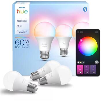 Лампа Philips Hue Essential A60 E27 LED, 8 Вт, 806 лм, 2200-6500 К, 16 млн цветов, Bluetooth, Zigbee, 3 шт. (8721103055255)