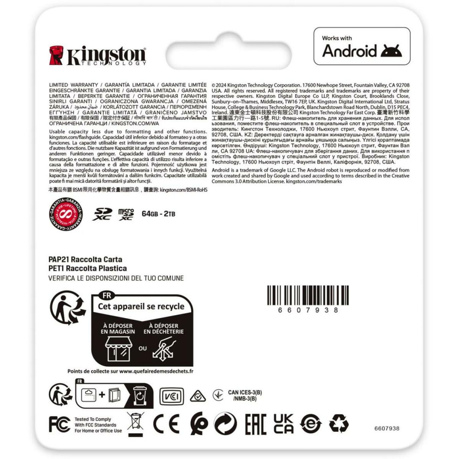 Kingston microSDXC SDCG4/128GBSP 128GB, скорость чтения 200MB/s, скорость записи 100MB/s, UHS-3, V30, A2, черный/бирюзовый (SDCG4/128GBSP)