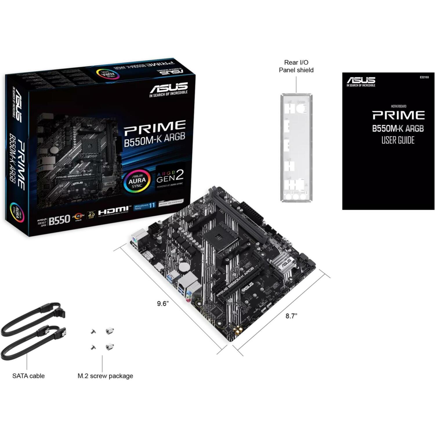Asus Dēlis PRIME B550M-K ARGB, AM4, DDR4, 64 GB, 2 x M.2, 4 x SATA III, 1 x HDMI, 1 x DisplayPort, 7.1 audio, RGB (PRIMEB550M-KARGB)