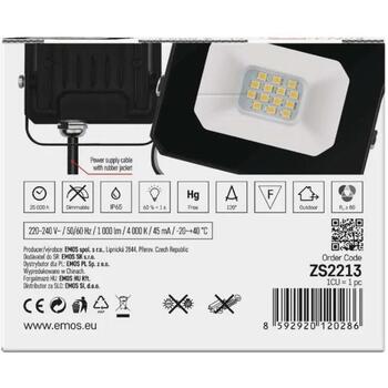 Emos LED прожектор SIMPO 10 W ZS2213, 1000 lm, 220–240 V, 50/60 Hz, IP65, 4000 K, 120°, алюминий, стекло (ZS2213)