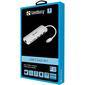 Sandberg USB centrmezgls 136-18, 4, USB 2.0, pelēka, HDMI, RJ-45, USB 3.2 Gen 1 Type-A, USB Type-A (136-18)
