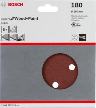 Slīppapīrs,kokam,PEX D=150mm,K180,5 gab., Ekscentra slīpmašīnām, ekscentra slīpmašīnām ar putekļu maisu C430 EXPERT FOR WOOD AND PAINT, 2608605721, BOSCH (2608605721)