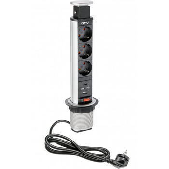 Gtv мебельная розетка AE-BPW3S60U-80, 60мм, 3xSHUKO, 2xUSB-A 2.1A, 1.5м, 3600Вт, IP20, алюминий (AE-BPW3S60U-80)