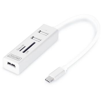 Digitus USB centrmezgls DA-70243, 3x USB 2.0, SD, MicroSD, USB-C, galda, balts (DA-70243)
