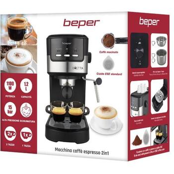 Beper Эспрессо машина P101CAF100, 1100 Вт, 15 бар, 1,2 л, нержавеющая сталь, паровая насадка, механическая (P101CAF100)