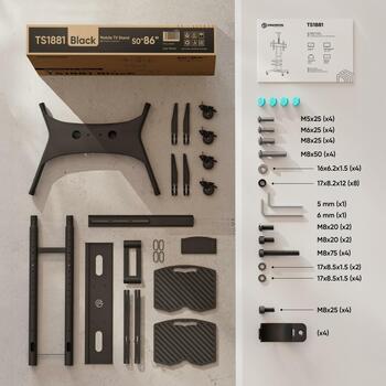 Onkron ТВ подставка TS1881-B, 50-86 дюймов, максимальная нагрузка 105.9 кг, регулировка высоты 1350-1650 мм, 2 полки, 4 колеса (TS1881-B)