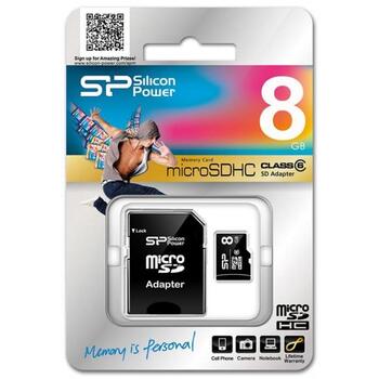 Silicon Power карта памяти MicroSDHC, SP008GBSTH010V10SP, 8 ГБ, 3.6 В, 2.7 В, 3.3 В, 2.8 В, 1 шт, Class 10, RoHS, ECC (SP008GBSTH010V10SP)