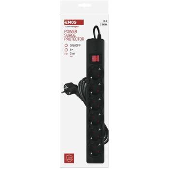 Emos Защита от перенапряжения P54219, 3 м, 6 розеток, 10 А, 2300 Вт, защита от детей, подсвеченный выключатель (P54219)