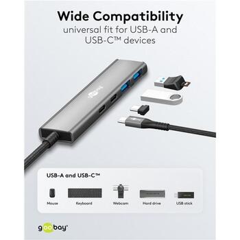 Goobay USB centrmezgls, 76563, 2 x USB 3.2 + 2 x USB-C 3.2, 5 Gbit/s, alumīnija/plastmasas korpuss, plāns dizains (76563)
