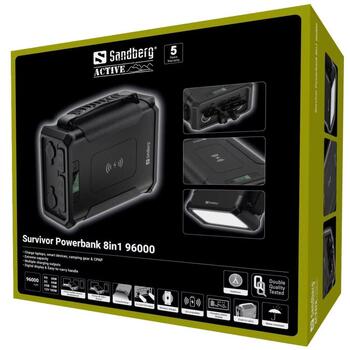 Sandberg 420-78 Survivor Powerbank 8in1, 96000 мАч, 180 Вт, черный, IPX4, беспроводная зарядка, USB-C, 2xUSB-A, DC, фонарик (420-78)