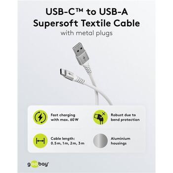 Goobay USB-C to USB-A Supersoft Textile Cable 74530, 1m, 3A, 60W PD, 480Mbps, balts, metāla savienotāji (74530)