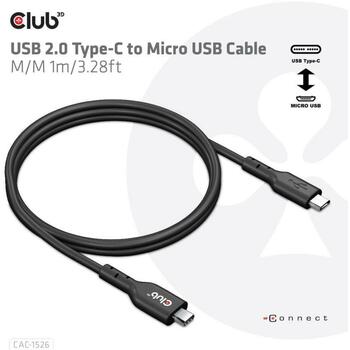 Club3D кабель USB Type-C на Micro USB 1м, USB 2.0, черный, M/M (CAC-1526)