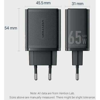 Vention зарядное устройство FERB0-EU 65W PD быстрая зарядка, 3 устройства, 2 USB-C, 1 USB-A, черный, GaN технология (FERB0-EU)