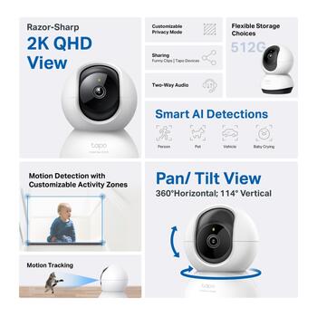 Tapo C220 Pan/Tilt AI камера безопасности Wi-Fi, TP-Link, Tapo C220, 4 MP, 4mm/F2.0, H.264, Micro SD до 512GB (TAPOC220)